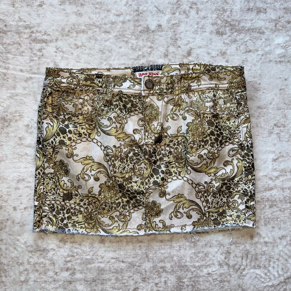 Vintage Y2K Hot Kiss Gold Metallic Print Denim Skirt